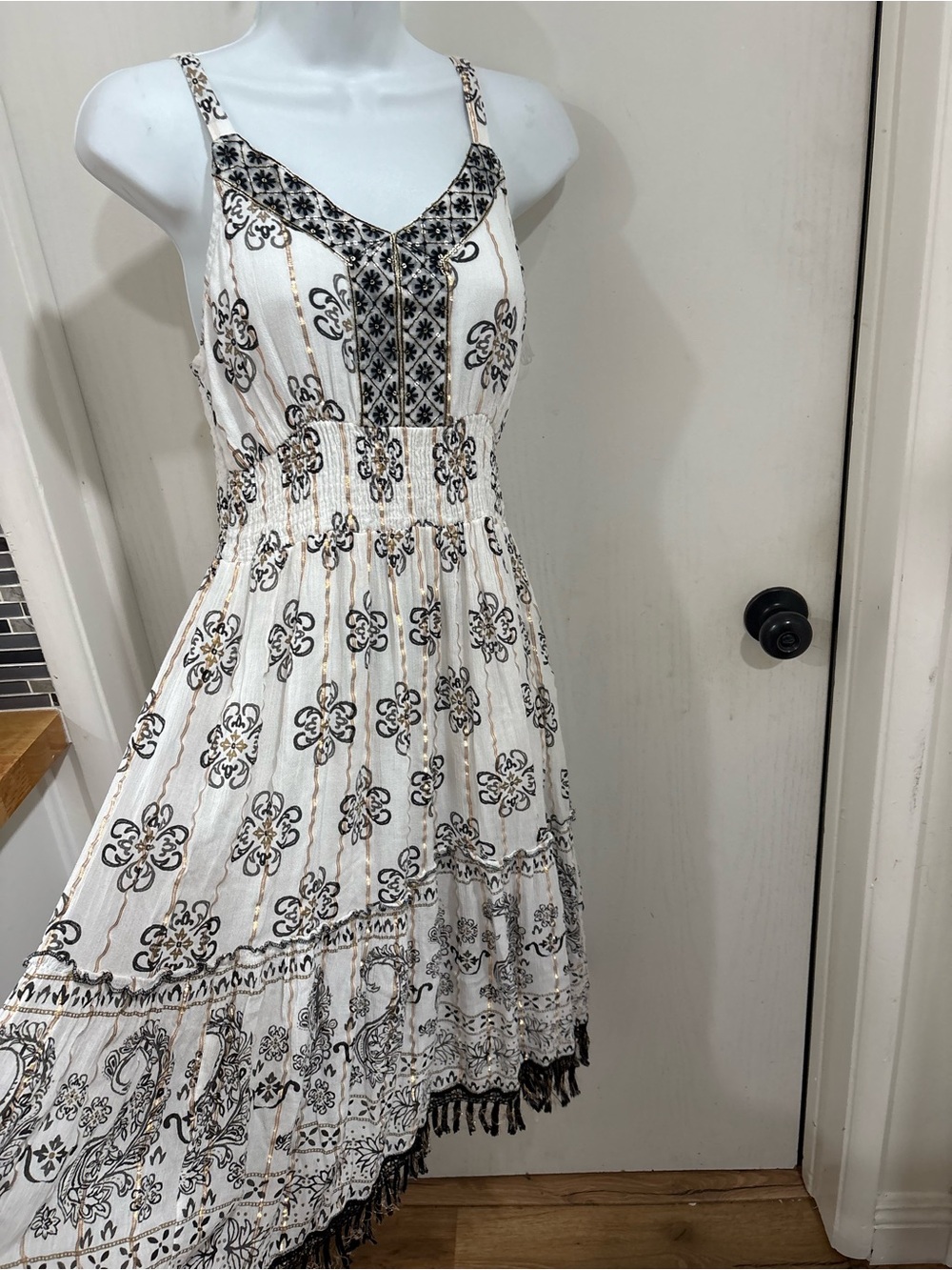 Me 2 Magic bohemian beach indie White Printed Spaghetti-Strap Midi Dress